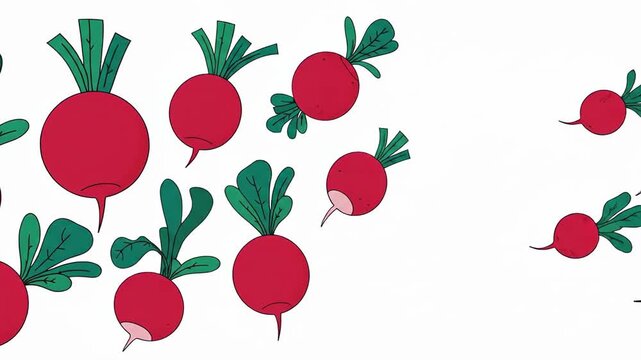Illustration of fresh radishes with green leaves scattered on a white background.