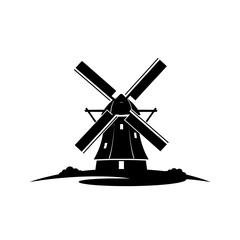 Obraz premium Windmill Dutch Landscape Silhouette Vector Icon - Holland Icon Black Shape on White Background - Minimalist Farm Symbol