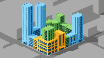 Fototapeta premium Modern Cityscape Isometric Buildings Colorful Architecture Vector Illustration
