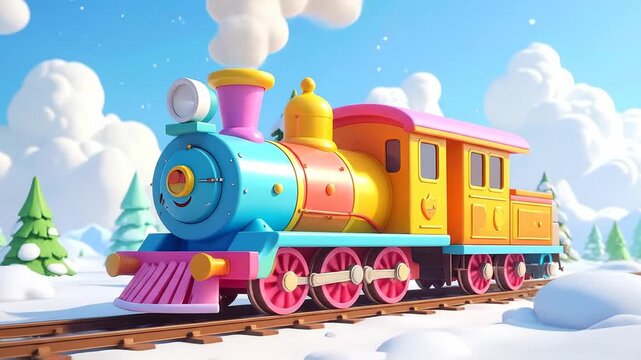 Colorful cartoon train chugging along snowy tracks against a bright blue sky.