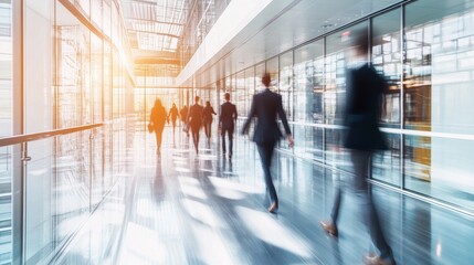 Business professionals walking in a modern office space during daytime hours