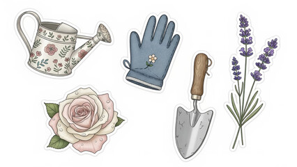 Vintage garden tool stickers with watering can, trowel, gardening glove, and blooming rose, rustic hobby art