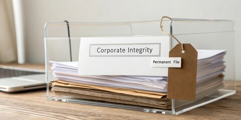 Transparent file organizer with documents labeled Corporate Integrity showcasing office organization and productivity concepts