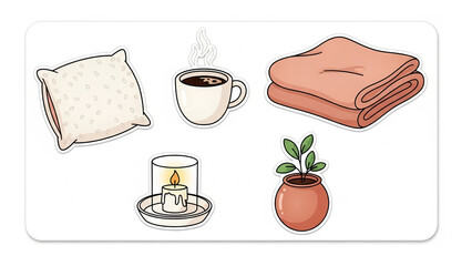 Cozy home lifestyle stickers with hot coffee cup, scented candle, soft blanket, and potted plant, hygge comfort theme.