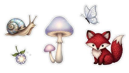 Cute magical forest sticker set with iridescent snail, purple velvet mushroom, and moss fox character, isolated on white.