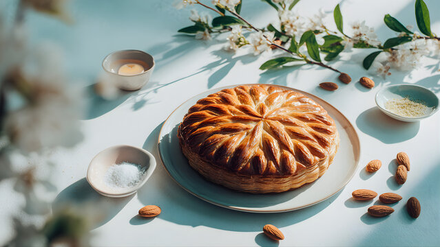 A beautifully styled food photography of a golden frangipane galette des rois placed elegantly on a pastel plate, in the foreground. Minimalist background with a pale pastel blue cyclorama. Soft paste