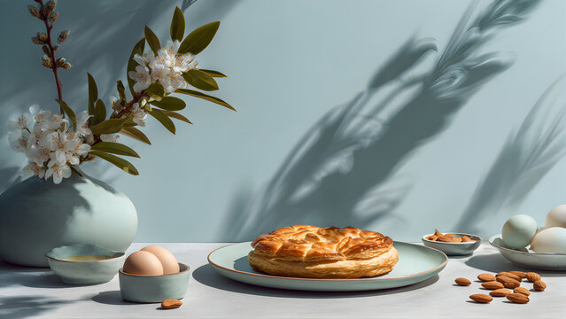 A beautifully styled food photography of a golden frangipane galette des rois placed elegantly on a pastel plate, in the foreground. Minimalist background with a pale pastel blue cyclorama. Soft paste