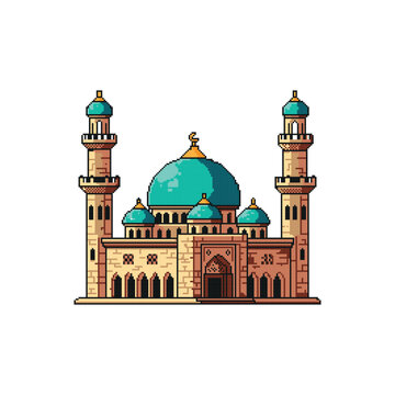 Pixel Art Mosque with Green Dome, Islamic Architecture Icon