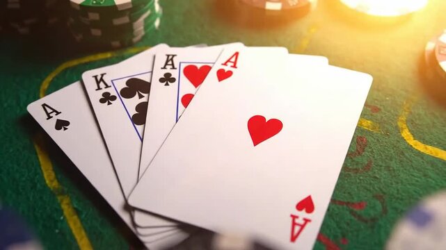 Close-up of poker hand with four aces and a king on green felt table.