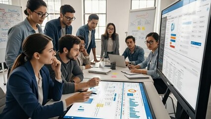 Diverse team collaborates on financial data analysis using interactive touchscreen technology in a modern office setting. - Powered by Adobe