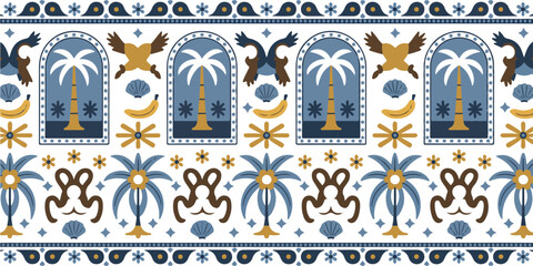 Decorative tropical border pattern with stylized palm trees arches bananas and seashells illustration vector © VANU