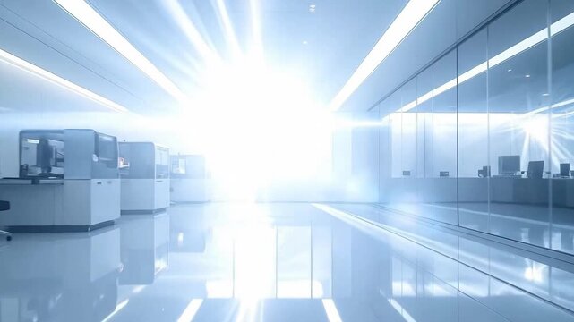 Bright and clean modern laboratory interior with advanced equipment and reflective floor.