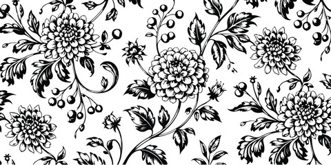 Elegant floral seamless pattern black and white vintage leaves flowers berries ornament art © VANU