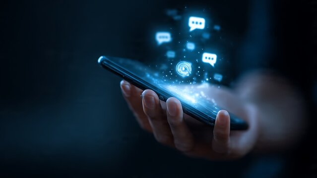 Person holding smartphone with glowing digital chat bubbles and play icon emerging, symbolizing instant connection and digital communication. - Powered by Adobe
