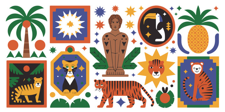 Vibrant safari collection with tiger heads statue palm trees pineapple and toucan emblem art