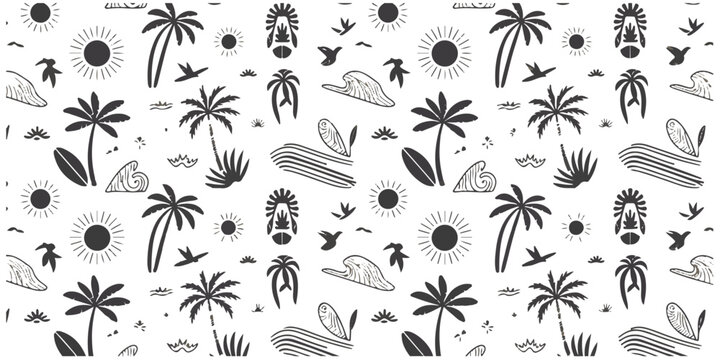 Seamless tropical summer beach pattern with palm trees sun waves and birds