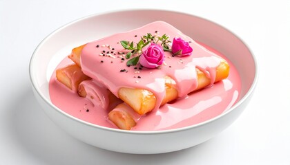Elegant dessert with golden pastries drenched in vibrant pink sauce, garnished with delicate rosebuds and herbs in a white bowl.