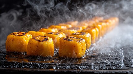 Delicious hot sushi rolls steaming on a dark grill plate ready to be served.