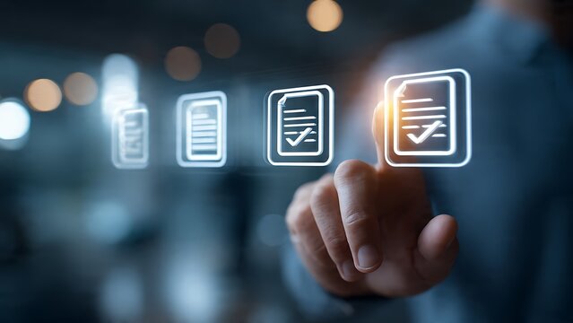 Confident professional touches glowing digital document icon for successful task completion and data management in modern office interface - Powered by Adobe