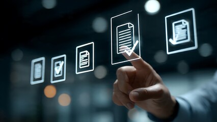 Professional selecting a digital document with a checkmark on a futuristic interface for efficient data management and workflow.