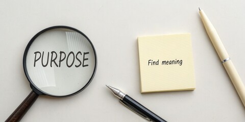 Understanding Purpose and Meaning Through Magnifying Glass, Note Pad, and Writing Tools on Neutral Background