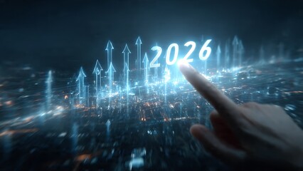 Futuristic vision of 2026 growth trends with glowing arrows pointing upwards over a digital city skyline, signifying progress and success.