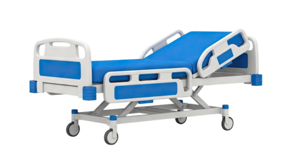 Adjustable Hospital Bed with Blue Padding and Wheels