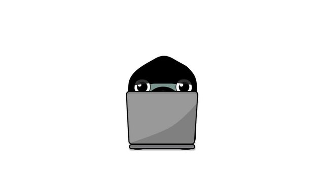 Animated IT and technology mascot working on laptop on white background