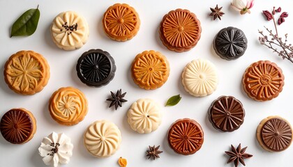 Fototapeta premium A beautiful overhead shot of various patterned mooncakes and pastries arranged on a white background with star anise and leaves.