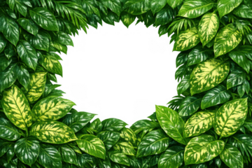 Tropical leaves creating natural frame with copy space, fresh green foliage border, plant background with transparent area