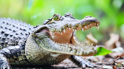 Obraz premium Crocodile opens mouth to display teeth while lying on ground in Thai jungle with space for text or design