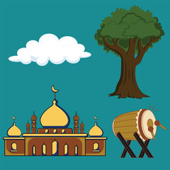 Illustration of a mosque, a tree, a cloud, and a traditional drum on a teal background.