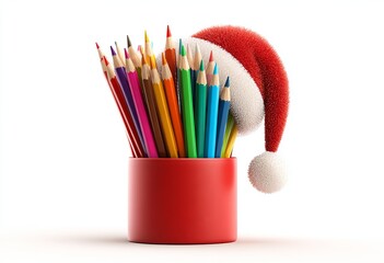 Fototapeta premium Red Container Filled with Colored Pencils and Santa Hat
