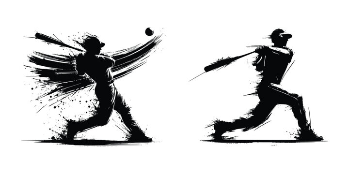 black brush stroke silhouette of a playing baseball on white background