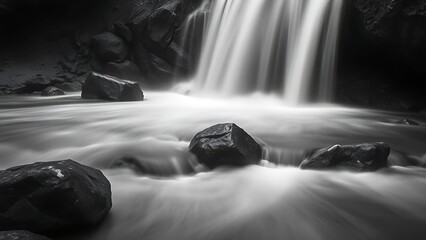 longexposure. Smooth river rocks under a gentle waterfall in a high-contrast black and white scene. travel magazines, destination branding, designed for outdoor magazines and nature guides.