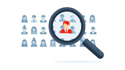 Magnifying glass highlighting a single red-suited person among a diverse group of grey-toned avatars, symbolizing talent acquisition and employee selection.