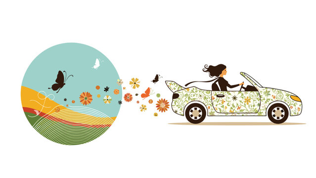 Woman with flowing hair drives a floral patterned car releasing a stream of flowers and butterflies, representing an eco-friendly concept.