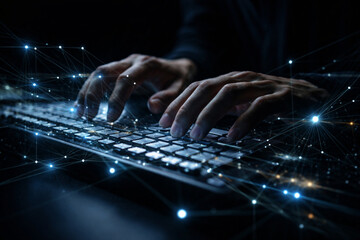 Close-up of hands typing on a computer keyboard with glowing blue network connections, symbolizing digital technology and cybersecurity.