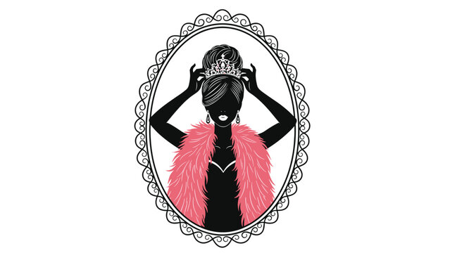 Silhouette of a glamorous queen or princess with a pink feather boa adjusting a crown on her head, seen through an elegant oval mirror frame.