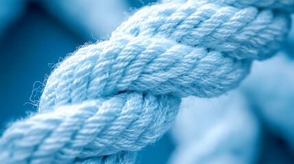 Close-up view of a thick, twisted blue rope, nautical texture.