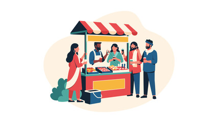 A vibrant illustration depicting diverse people enjoying street food from a lively vendor stall, showcasing a bustling urban market scene.