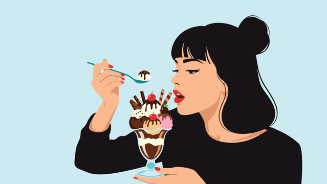 Pop art illustration of a beautiful young woman with dark hair and red lipstick eating a large, decadent chocolate ice cream sundae with a spoon.