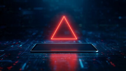 Futuristic digital triangle hologram glowing above sleek modern smartphone on circuit board surface