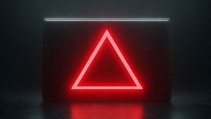 Striking red neon triangle symbol glows intensely within a dark, modern geometric frame, creating a powerful, futuristic warning or alert aesthetic.