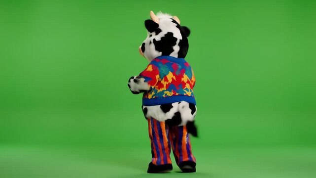 A cheerful and energetic person dressed in a full body cow mascot costume performs a lively and humorous routine of cow dancing against a vibrant chroma key green screen background, perfect.