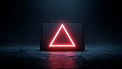 Vibrant neon red triangle glows intensely on a sleek tablet screen, creating a futuristic and modern digital interface against a dark, moody backdrop