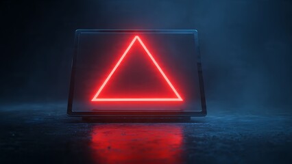 Bold red neon triangle glows intensely on a dark, textured surface reflecting vibrant light, creating a dramatic, modern aesthetic for tech or design.