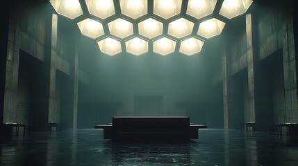 Mysterious Room with Hexagonal Lights and Dark Table.