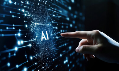 Futuristic technology, digital interface, artificial intelligence, hand interaction