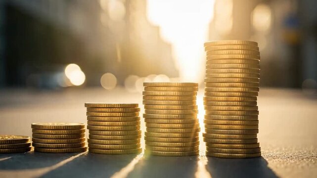 Stacks of golden coins arranged in ascending order, symbolizing financial growth and investment.